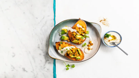 OVEN BAKED SWEET POTATOES WITH SPICY CHICKPEAS
