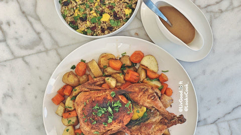 The easiest, tastiest roasted chicken & veggies, with a side dish of lemon herbed quinoa